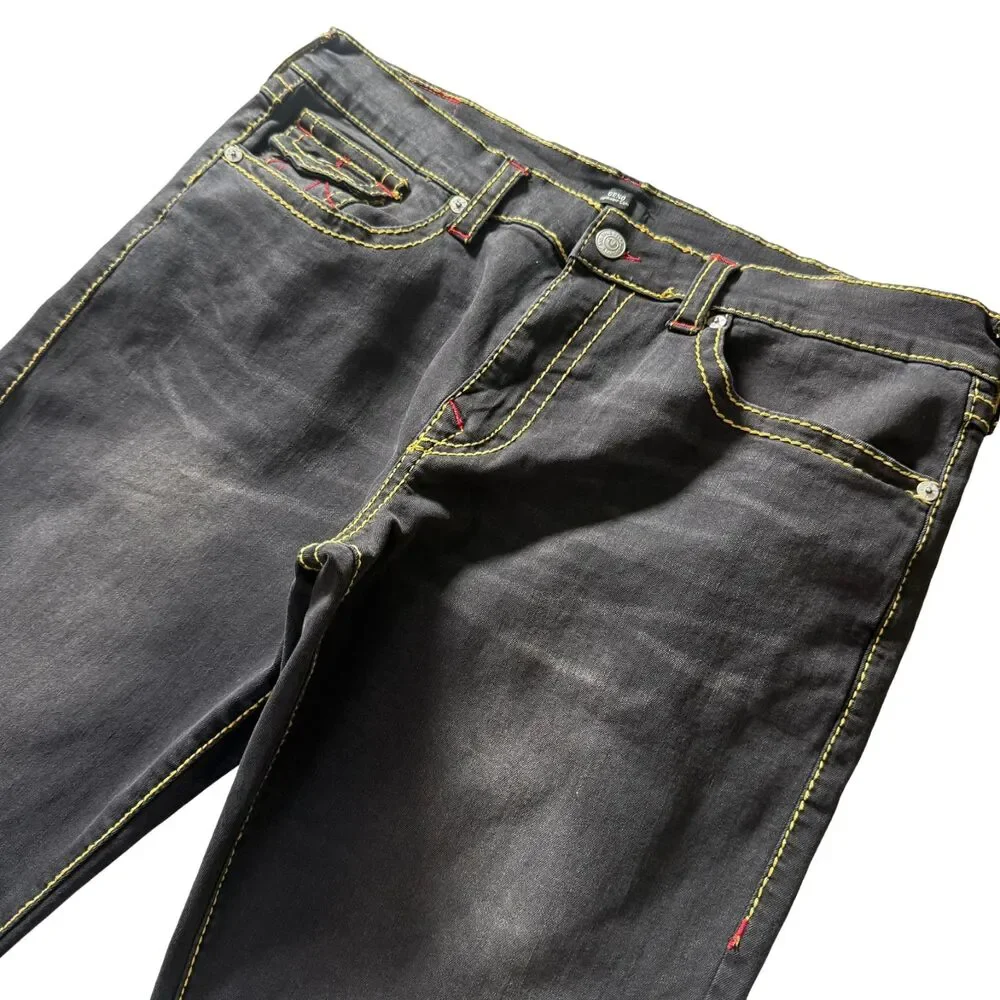 True Religion Geno Relaxed Slim Black Jeans Red Stitch Flap Pocket Men’s 38x31